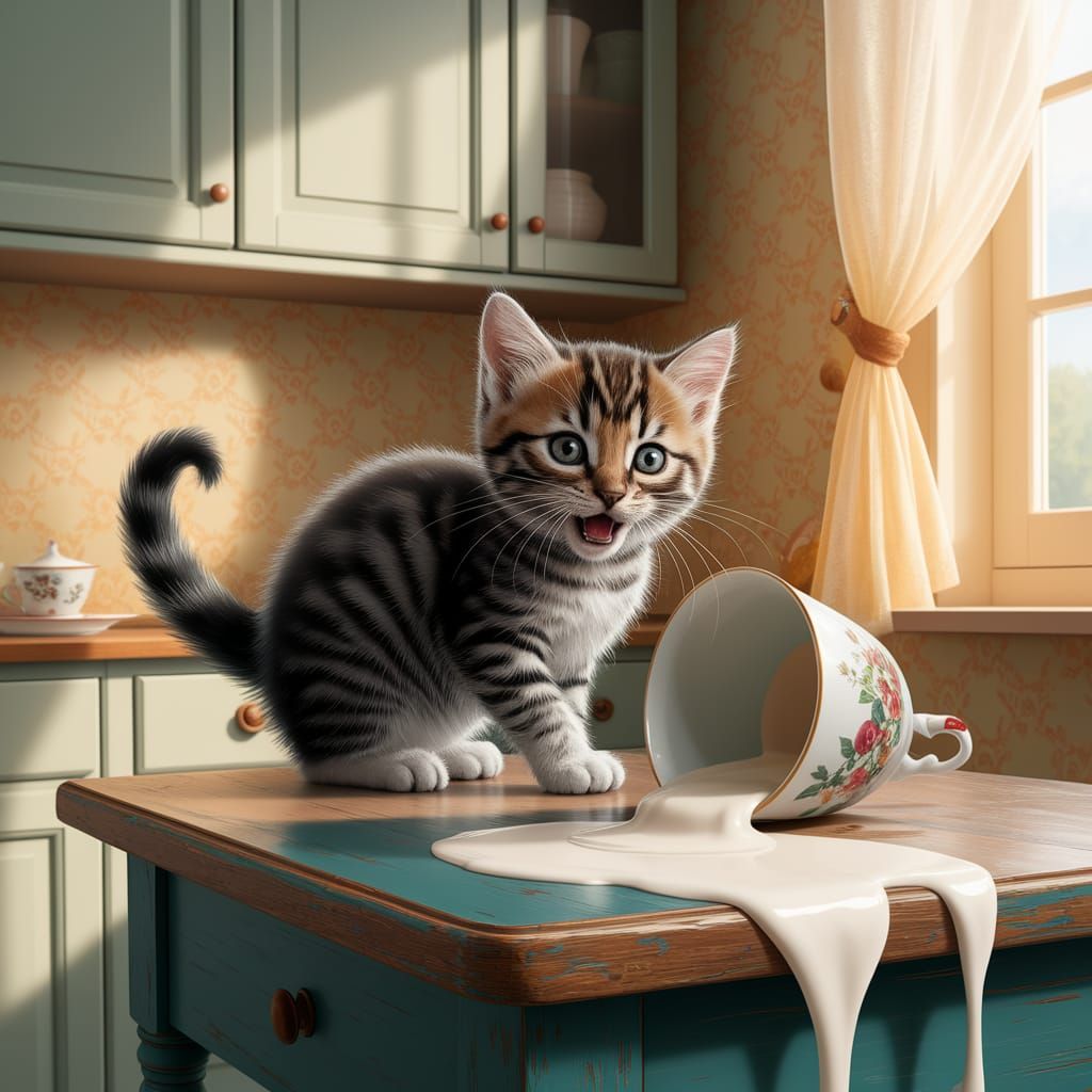 Mischievous Kitten's Oops Moment with Spilled Milk