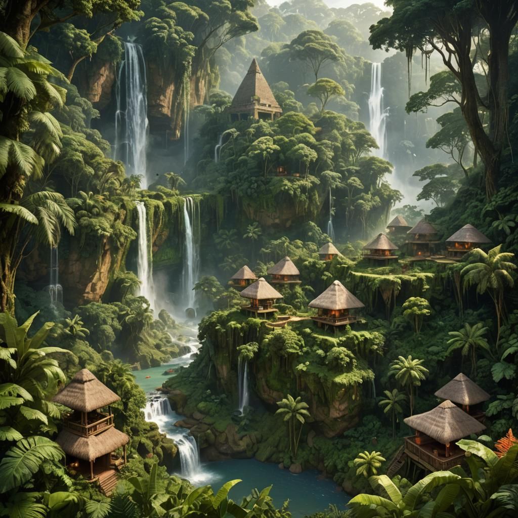 Lush Jungle Village with Pyramid Huts: Matte Painting