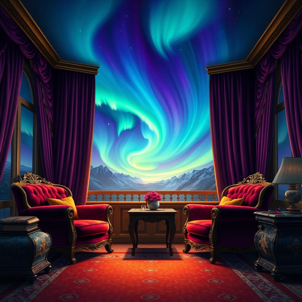 Dreamy Purple Sitting Room Under Aurora Borealis