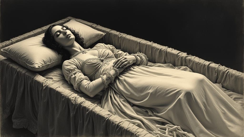 Victorian Figure in Coffin, Engraving Style