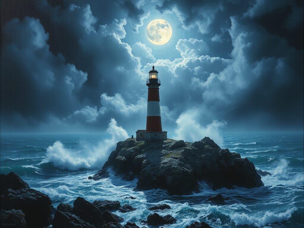 Misty Lighthouse on Rocky Hillock, Turbulent Sea