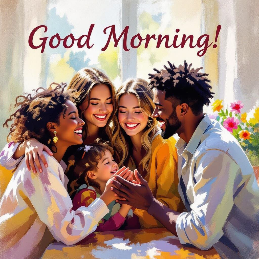 Joyful Friends Greet Morning in Impressionist Style