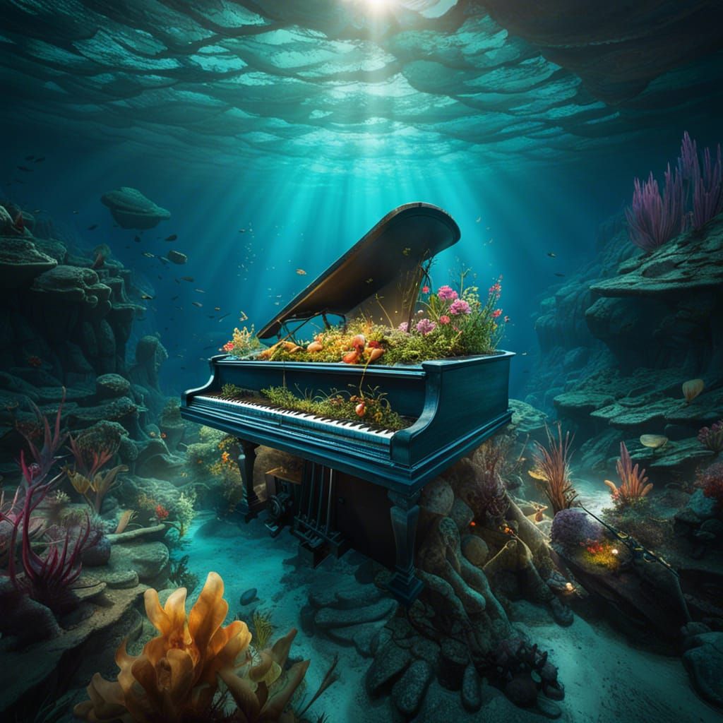 Underwater City Piano with Tulips: Digital Illustration