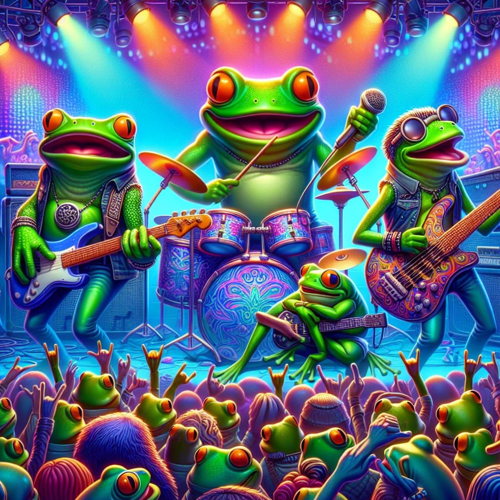Frog Rock Band Concert in Psychedelic 3D Render