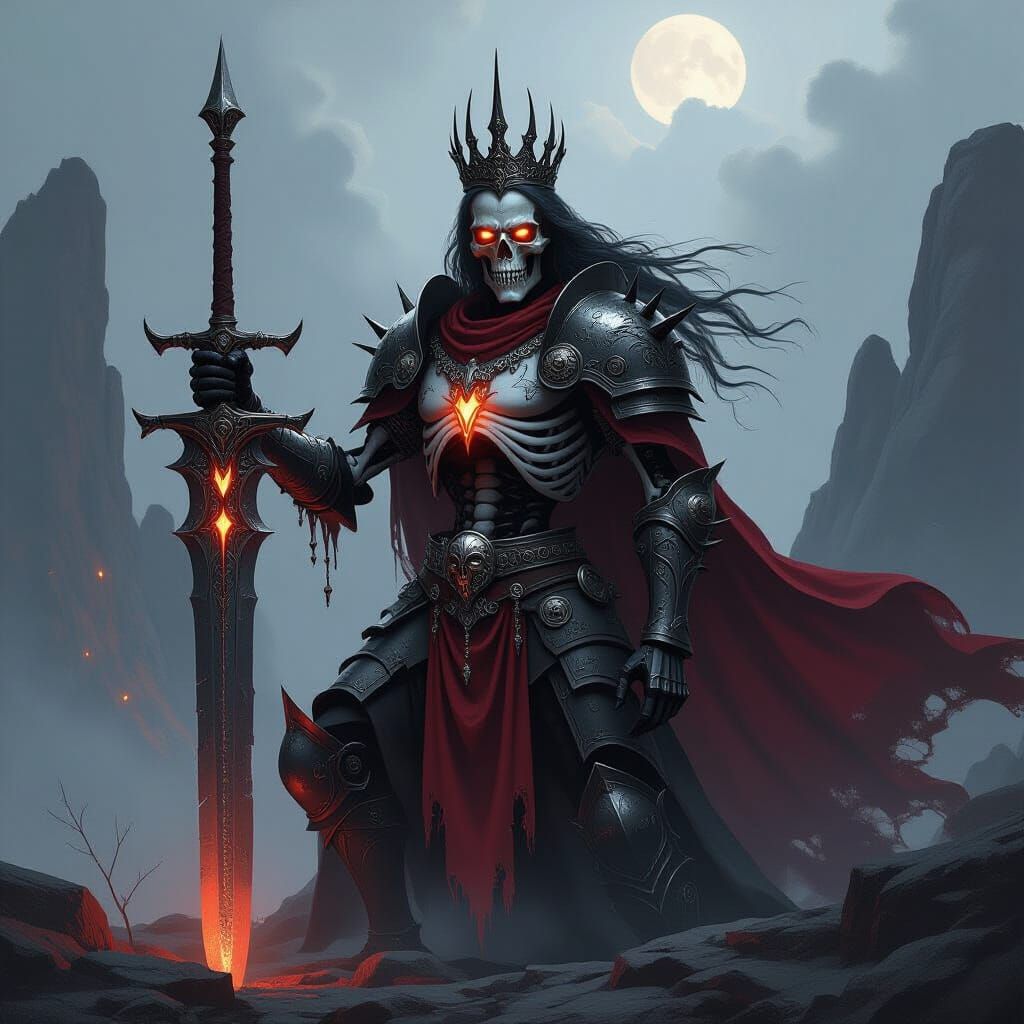 Skeletal Warrior in Dramatic Pose with Glowing Eyes