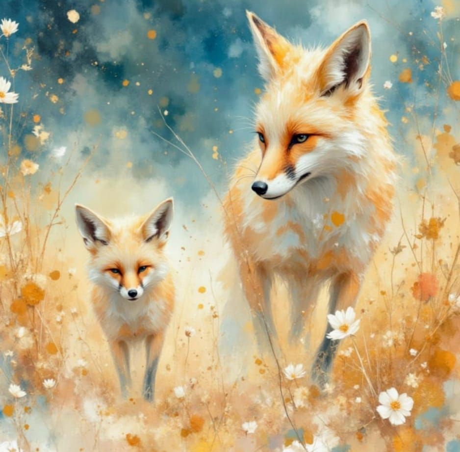 Desert Foxes in a Dreamy Impasto Landscape