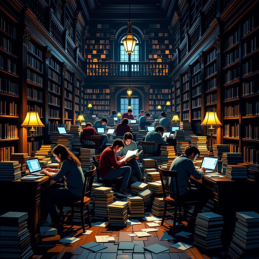 Students Overwhelmed by Books and Laptops in Vast Library