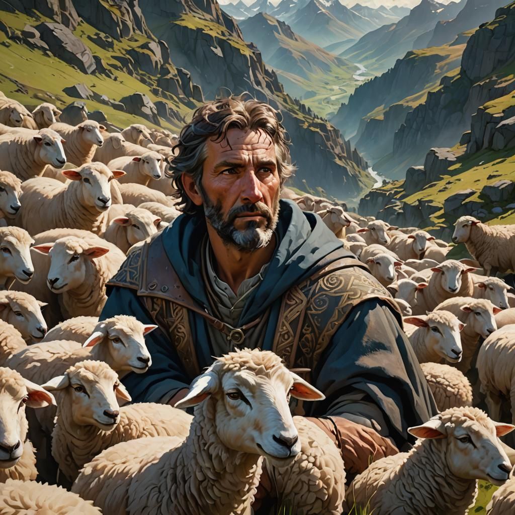 Shepherd and Sheep Portrait in Detailed Lighting