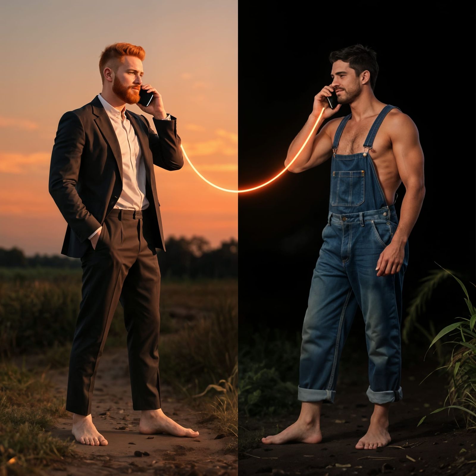 Rugged Men Connect Via Neon Thread in Dual Sunlight and Nigh...
