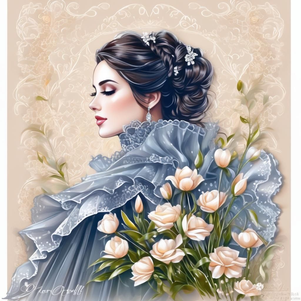 Victorian Bride with Ruffles Scarf in Digital Art