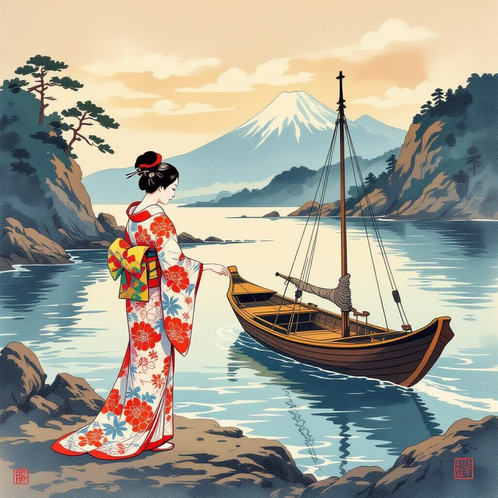 Guiding Light: Woman Guiding Boat, Ukiyo-e Style