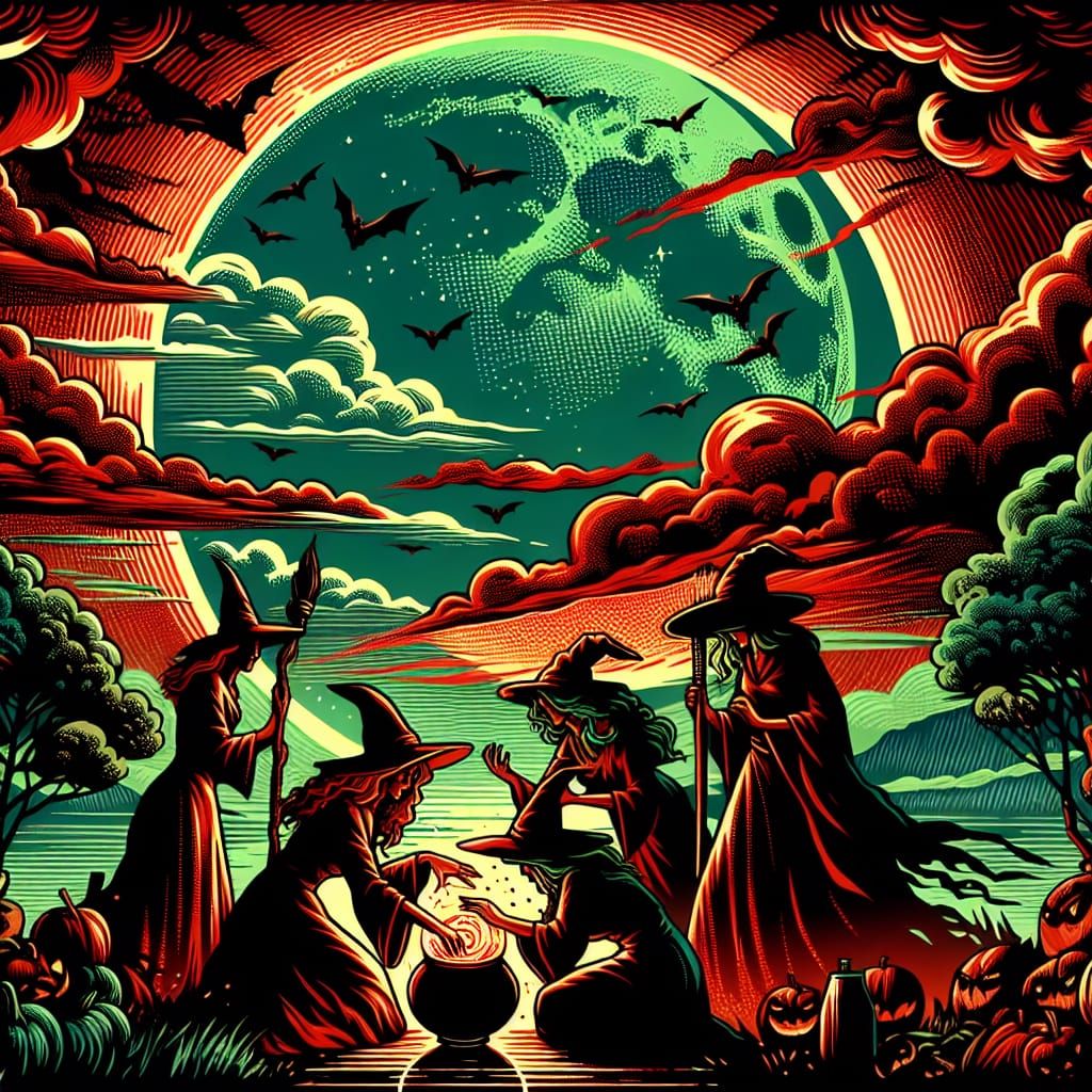 Witches Conjure Storm Under Colorful Moon, Comic Book Style