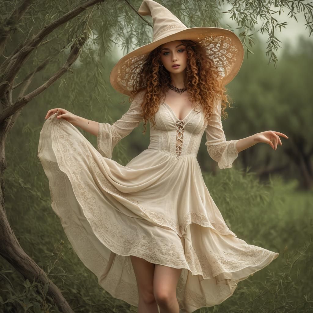 Henna Nymph in Cream Witch Hat, Hyperrealistic