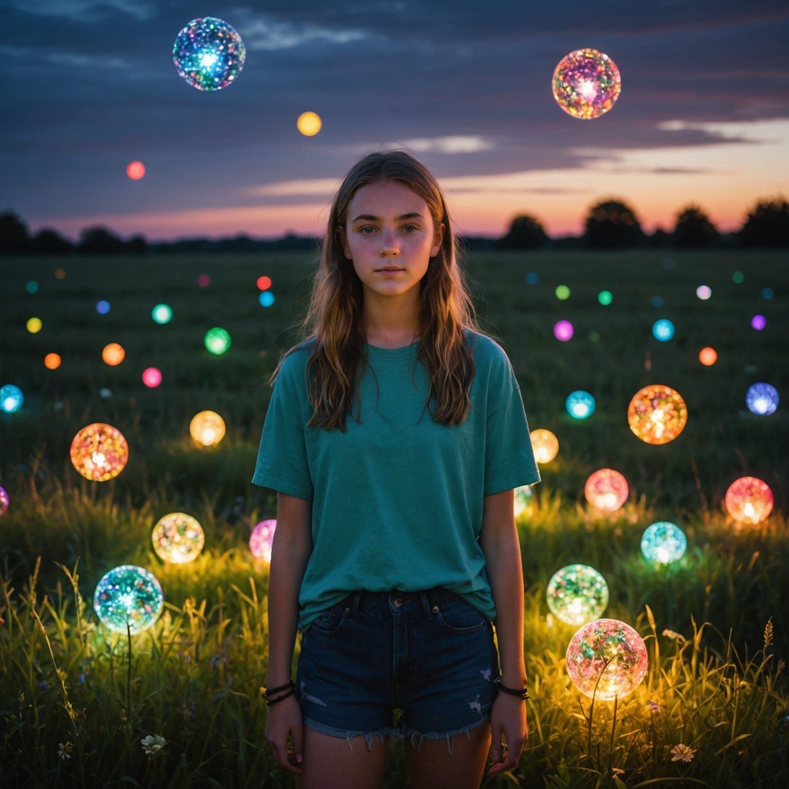 Girl in Field Surrounded by Glowing Orbs