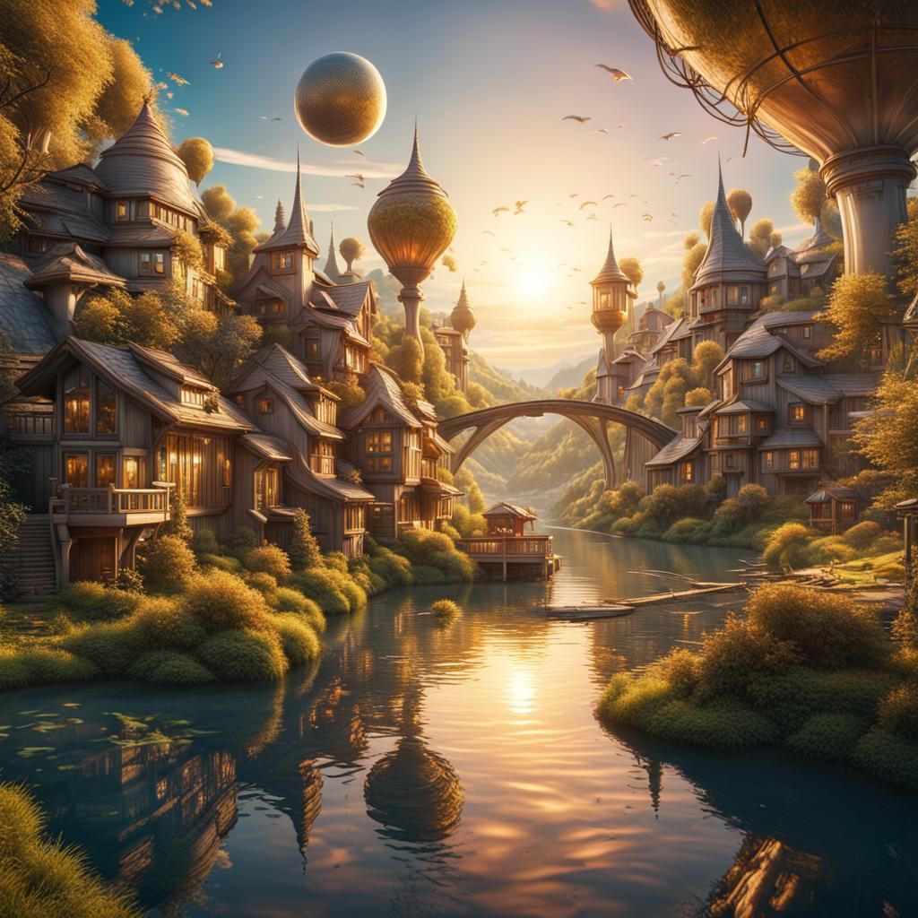 Peaceful Futuristic Village at Golden Hour