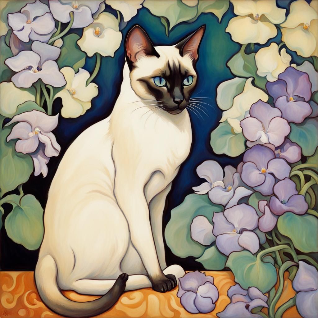 Siamese Cat with Violets in Art Nouveau Style