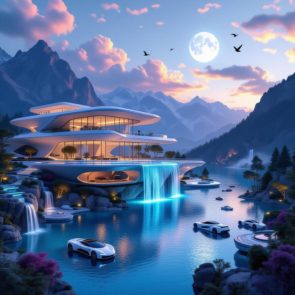 Futuristic Mansion Above Lake in Surreal Mountain Landscape