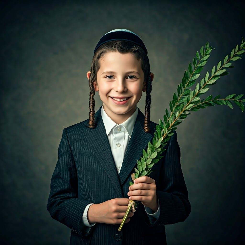 A cute Hasidic boy holding four species
