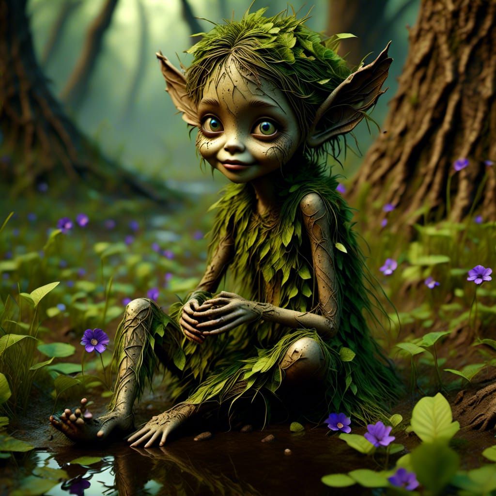 Mud-Sprite Planting Violets in a Bog