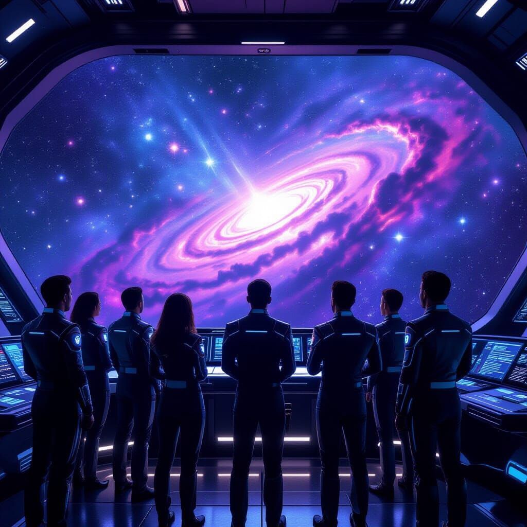 Starship Explorers Gazing at Galaxy in 8K