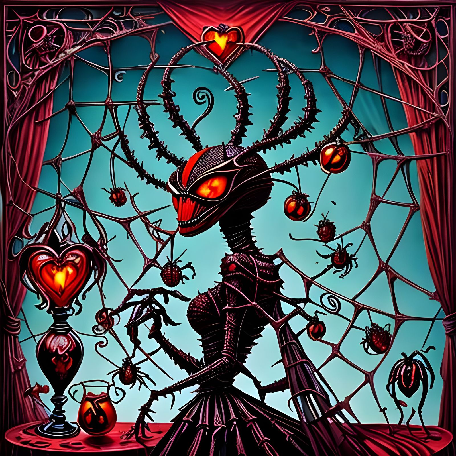 Anthropomorphic Spider Queen in Rococo Horrorcore Style