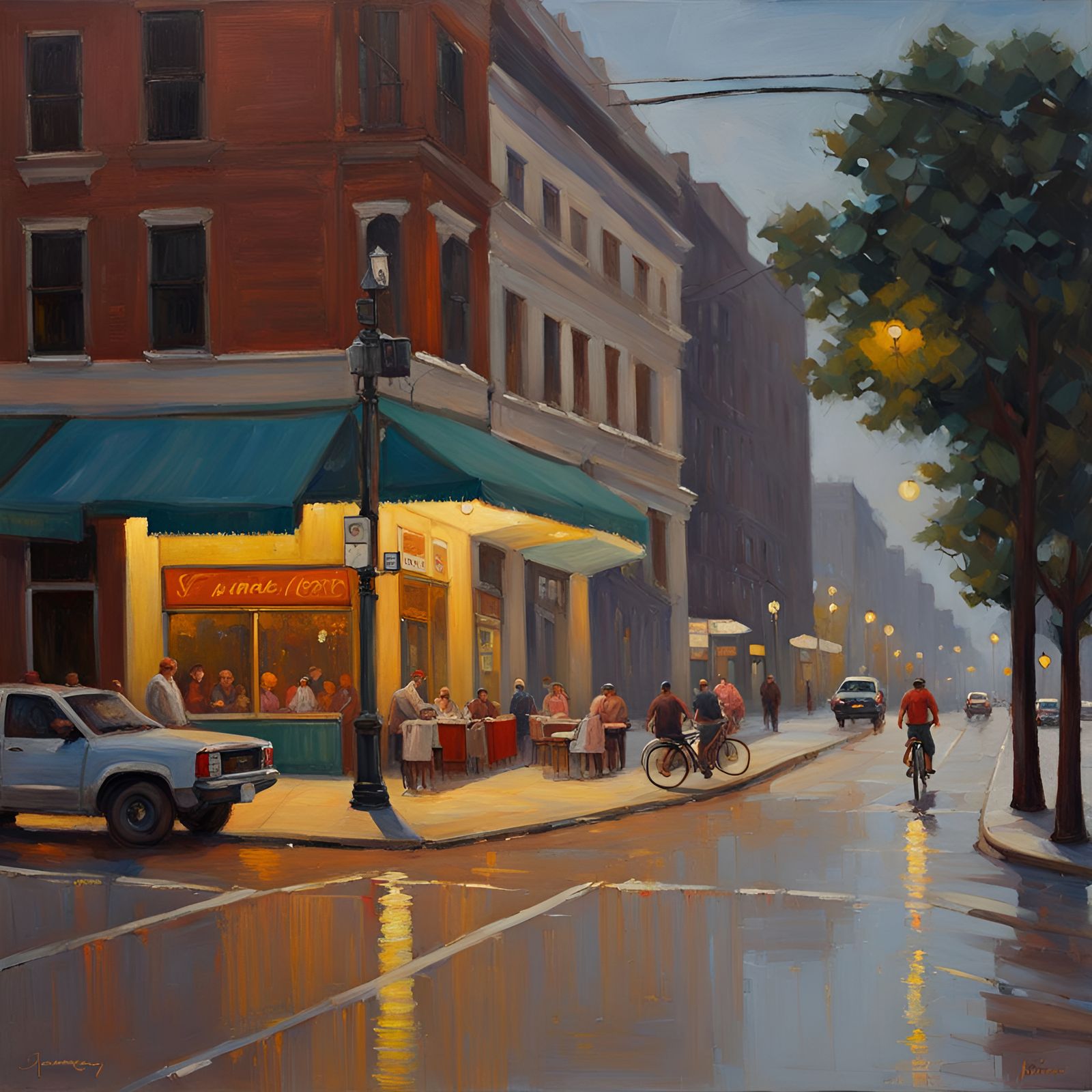 Cafe Scene at Intersection as Oil Painting