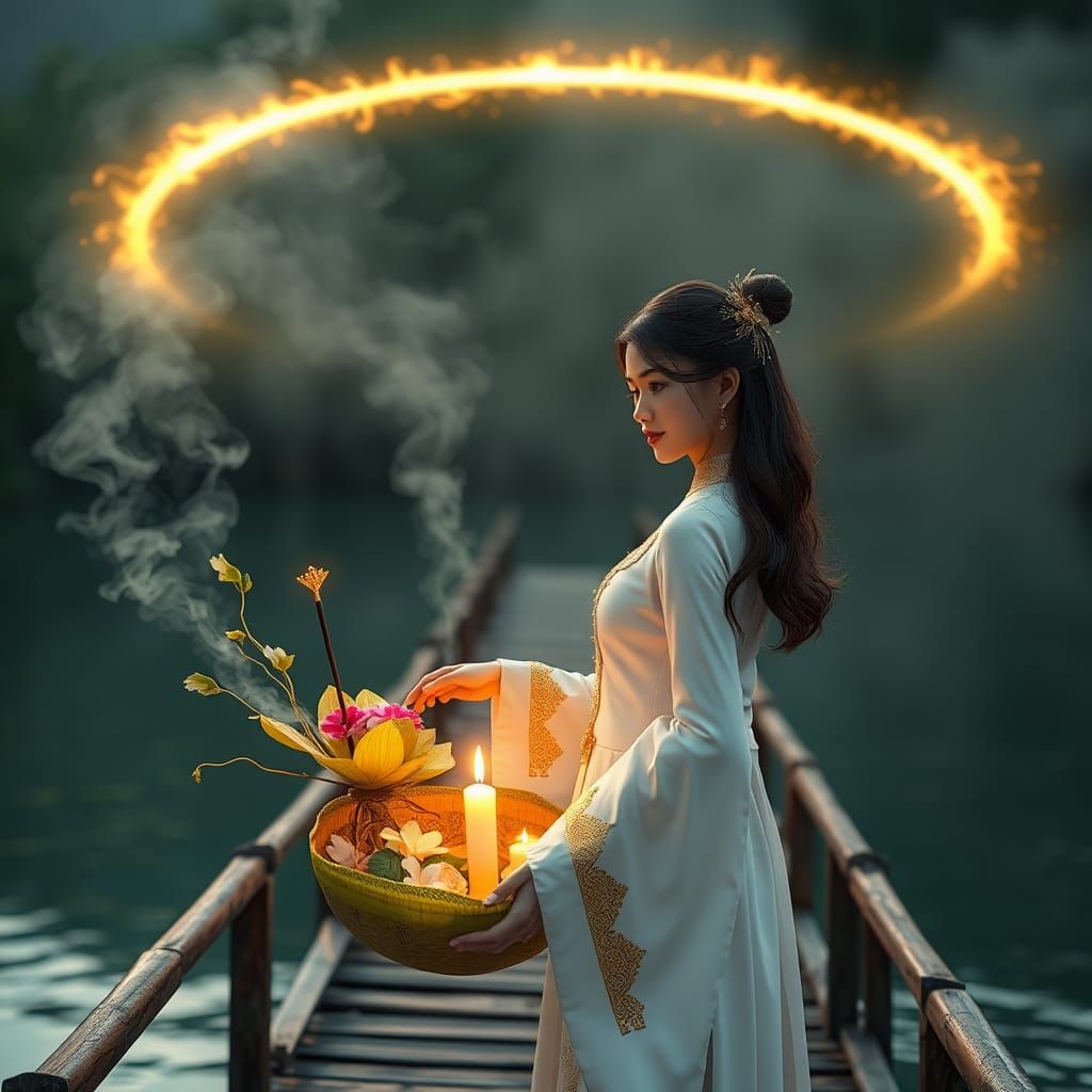 Woman in Thai Dress with Krathong, Detailed Matte Painting