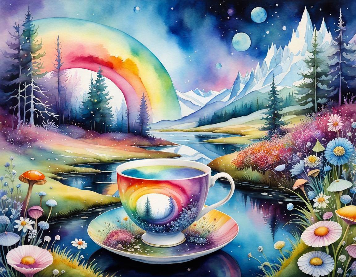 Meadow Teacup: A Surreal Watercolor Dreamscape