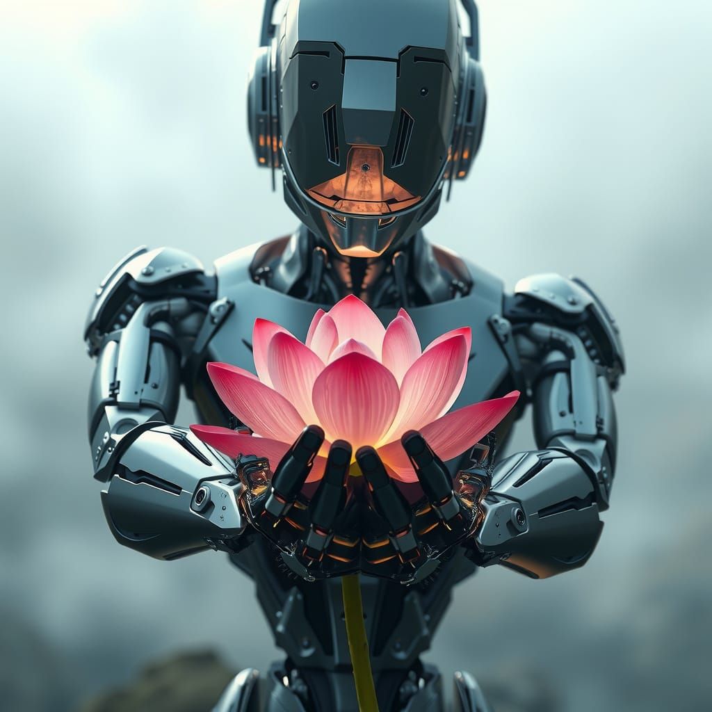 Chrome Robot Holds Luminous Lotus Flower in Misty Serenity