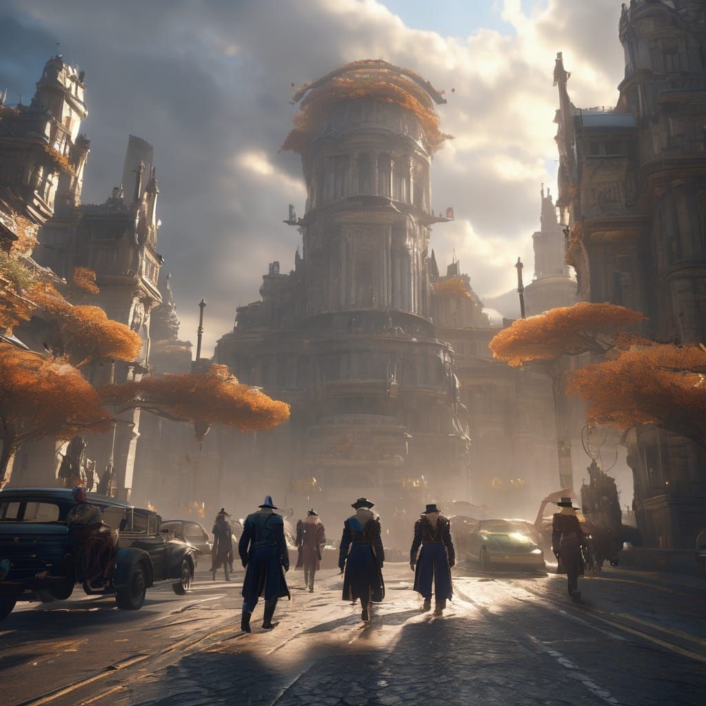 Four Men Crossing Zebra Crossing in Golden Hour Cityscape
