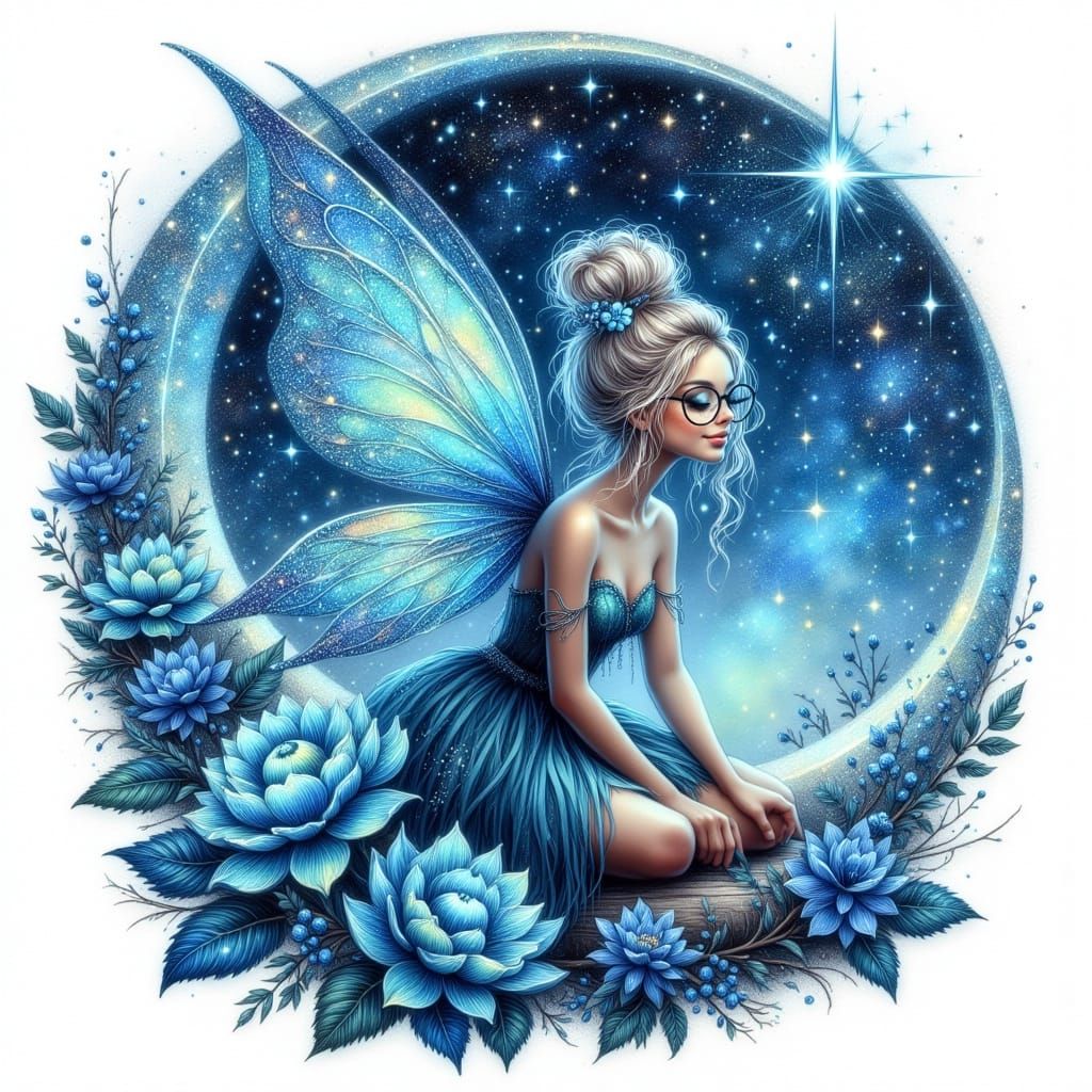 Serenely Glowing Blue Fairy Oil Painting with Glitter Detail...