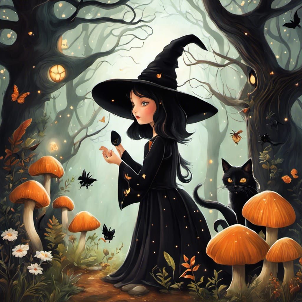 Magical Forest Scene with Witch, Cat and Animals