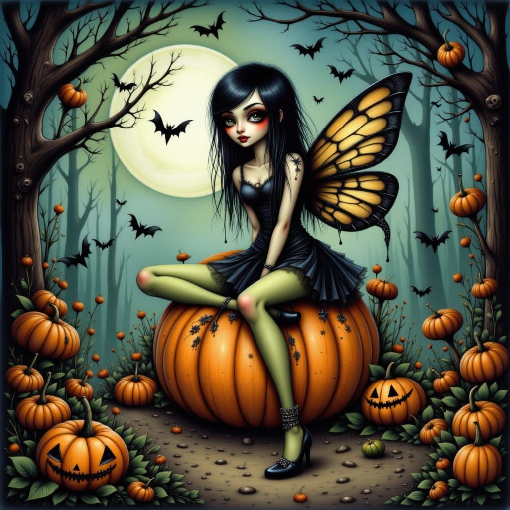 Whimsical Fairy on Pumpkin, Ethereal Halloween Night
