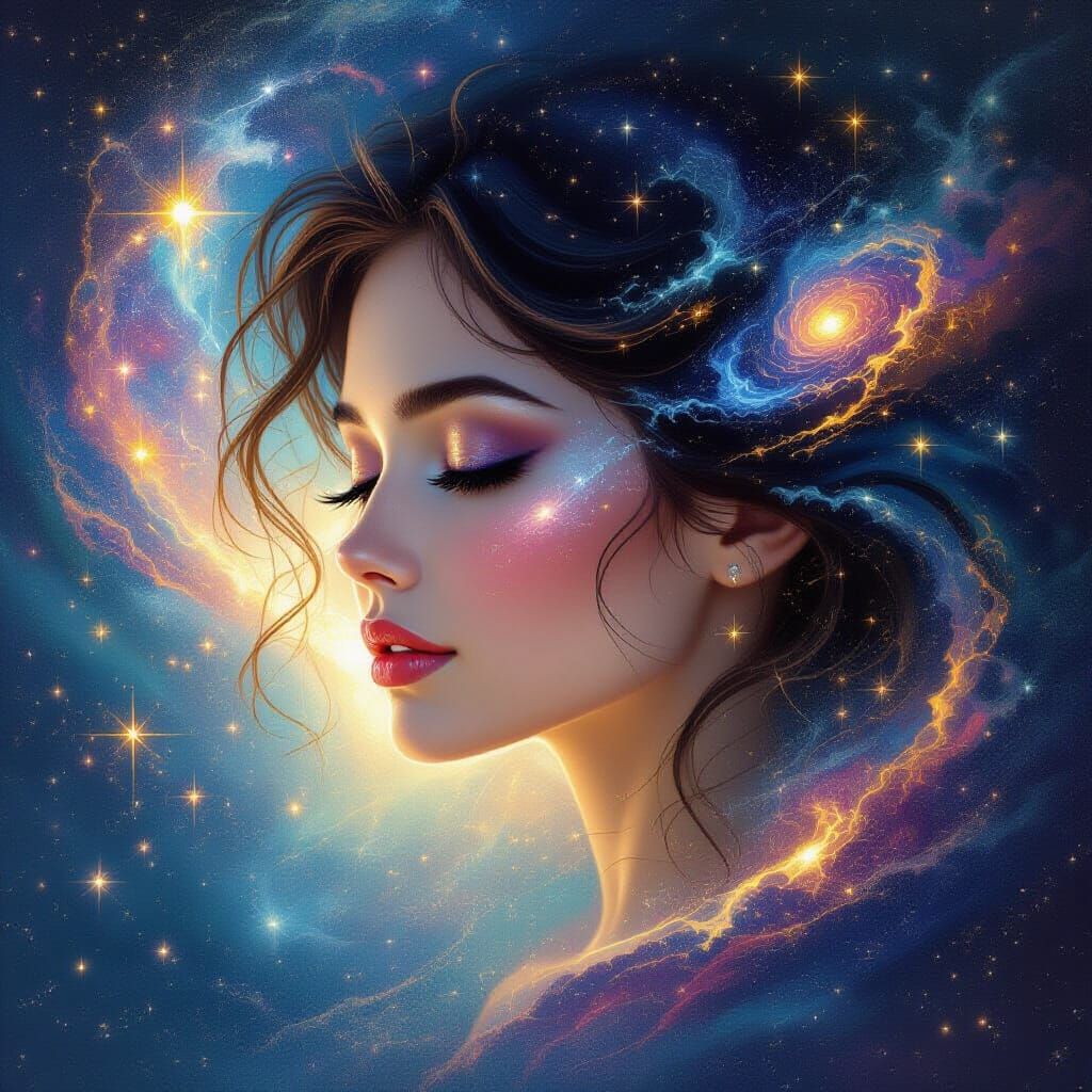 Serene Woman's Face Outlined in Vibrant Star Galaxy