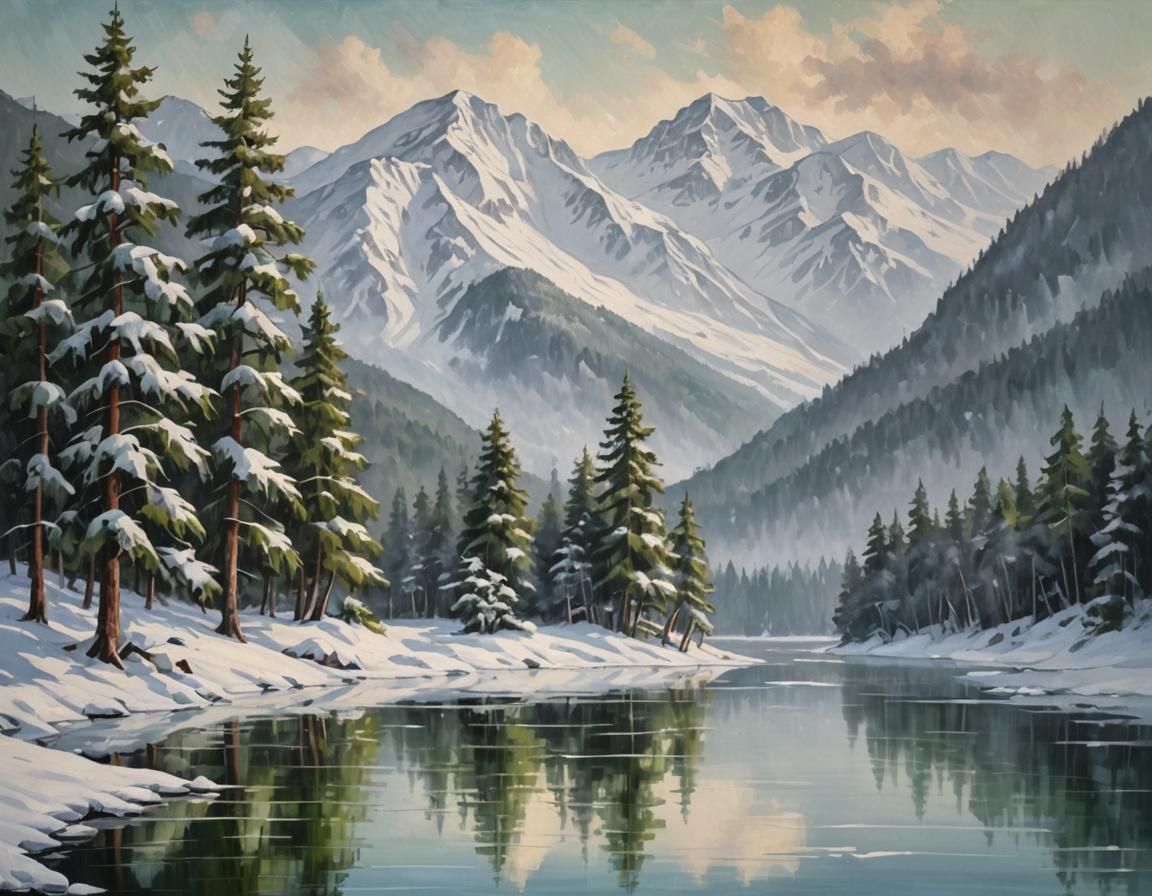 Winter Landscape: Evergreen Trees Reflected in Lake, Oil Pai...