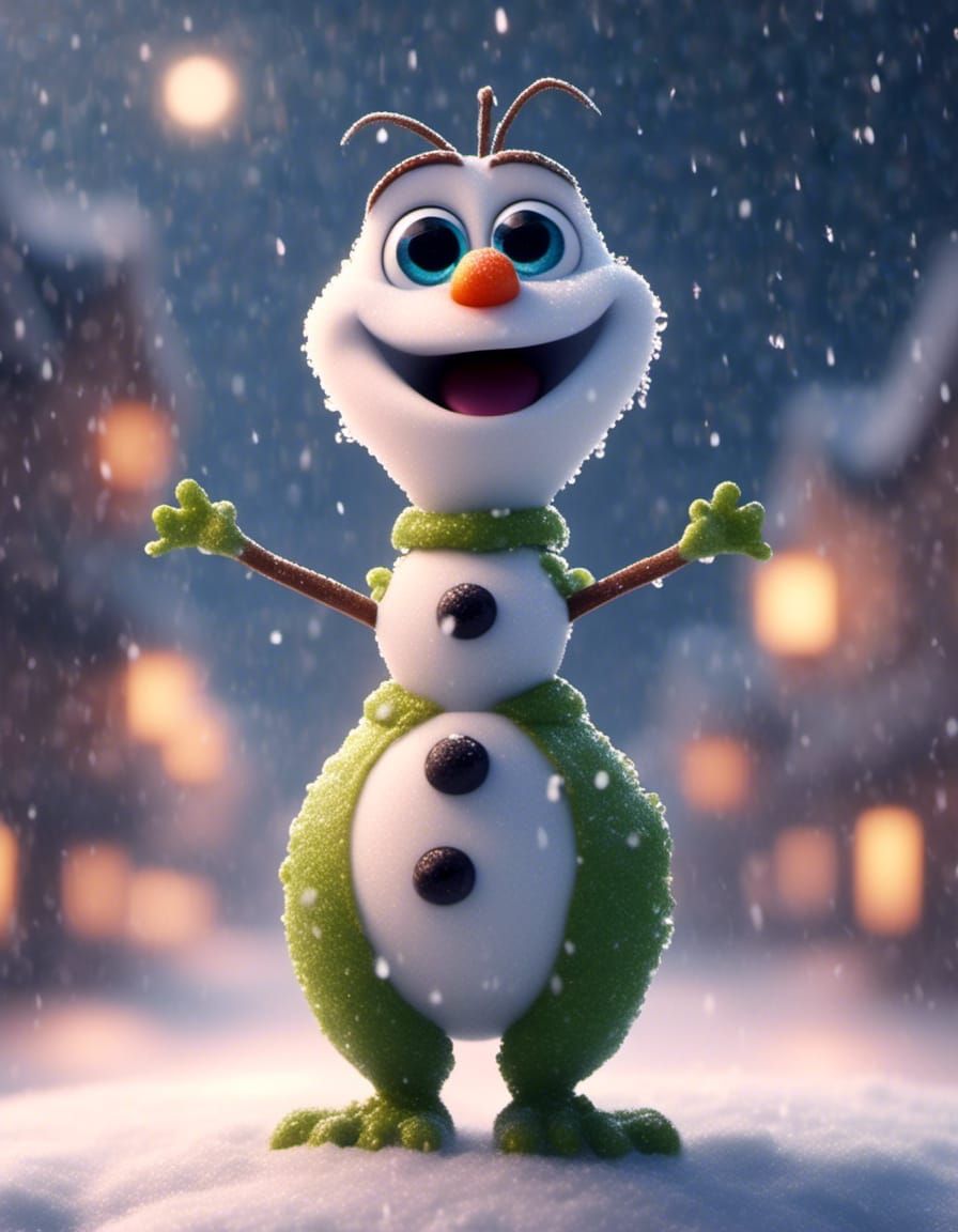 Olaf's Joyful Encounter with Snow: Hyperrealistic Frog Persp...