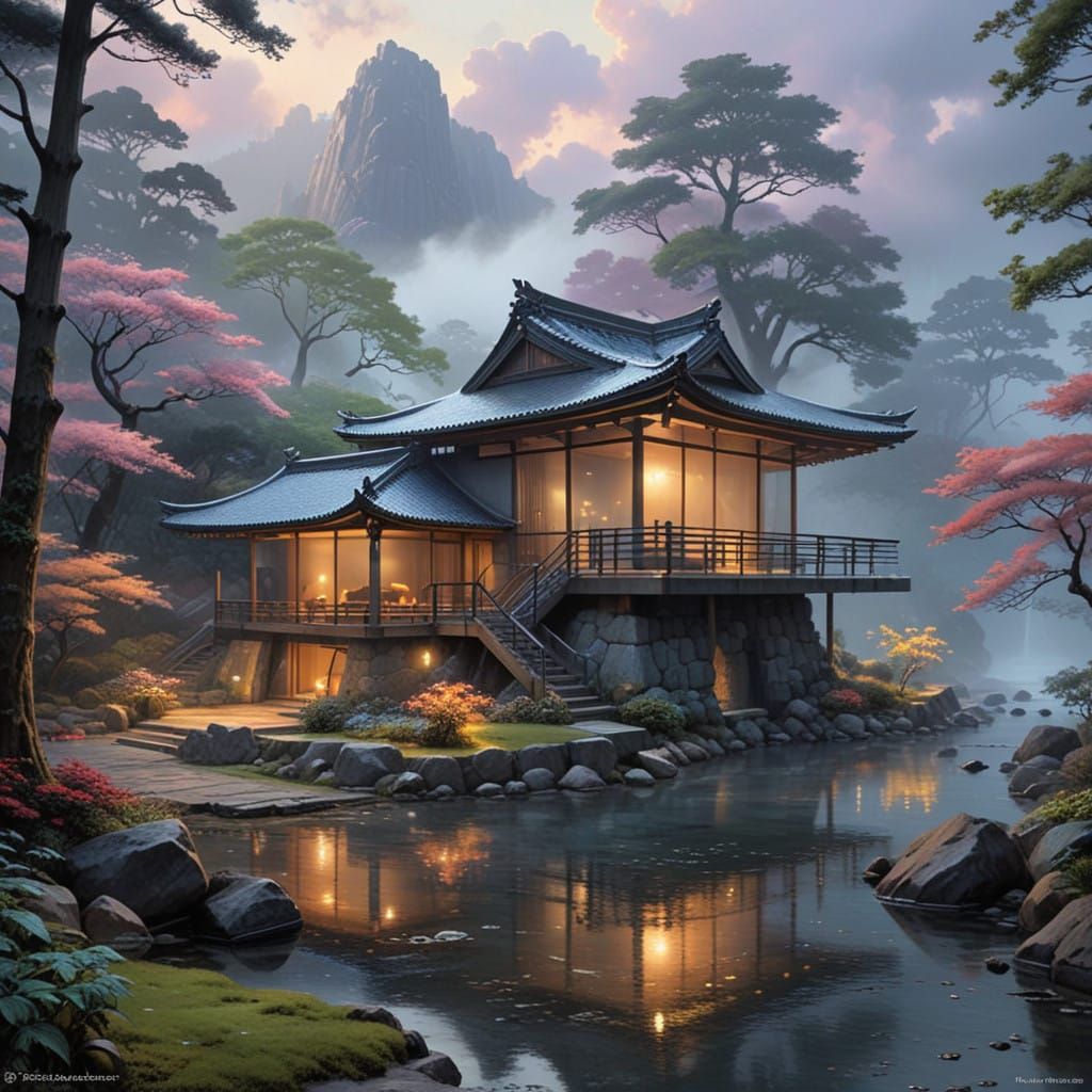 Modern Japanese House in Ethereal Mist Landscape