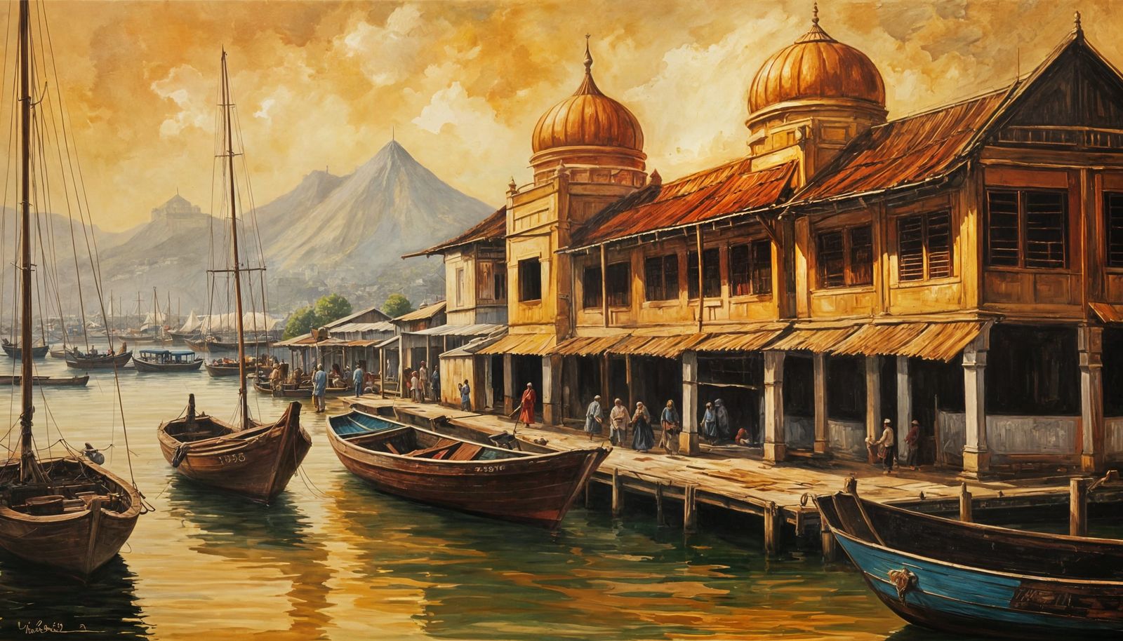 Penang Port Harbour in British Raj Era, Oil Painting