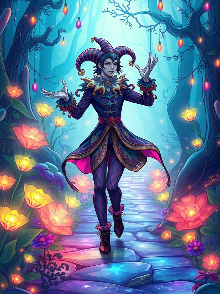 Magical Jester in Psychedelic Forest, Auroracore Artwork