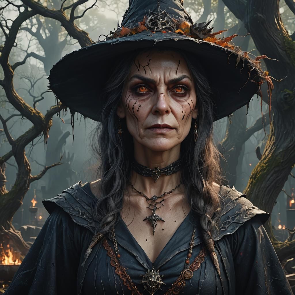 Sinister Young Witch: Hyperrealistic Digital Portrait