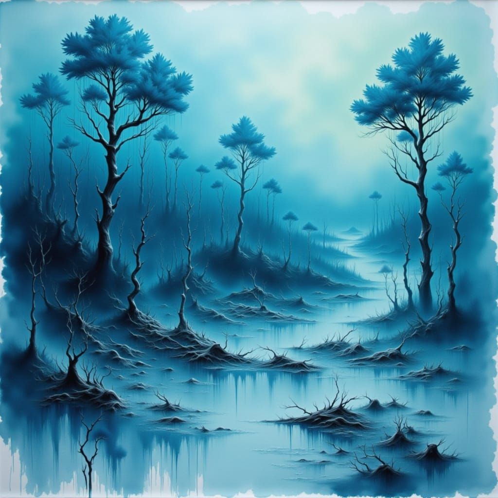 Surreal Dreamscape in Deep Blues and Teals