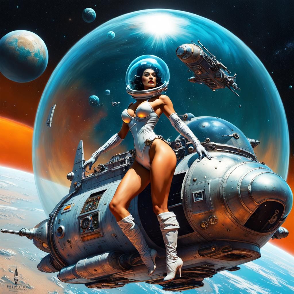 Retro Sci-Fi Woman Pilot in Space