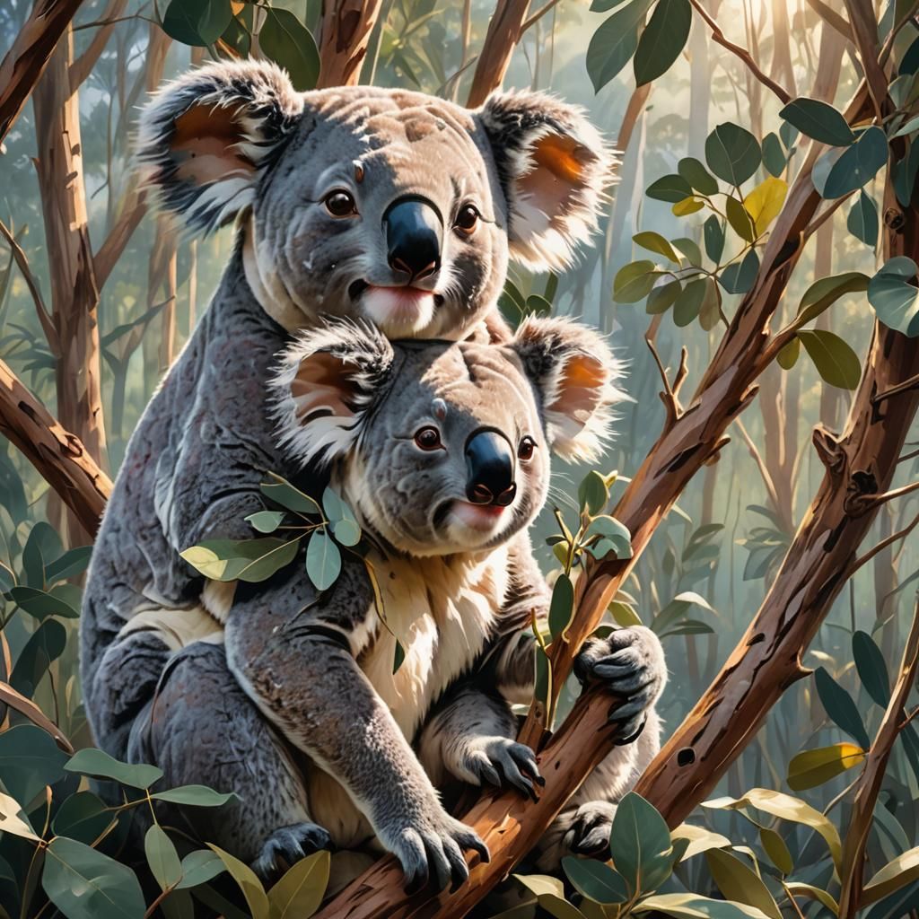 Koala Family in Australian Jungle: Hyperrealistic Splash Art