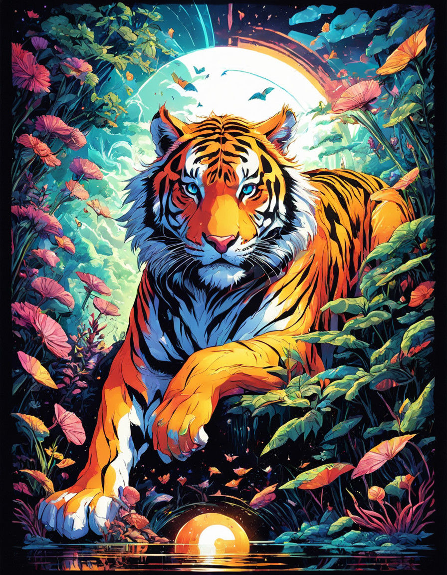 Majestic Tiger in Cosmic Fantasy City, 80s Josei Manga Style