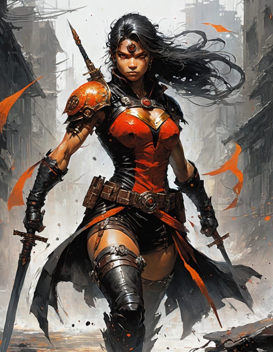 Red, Black, Orange Warrior Woman in Dynamic Action Pose