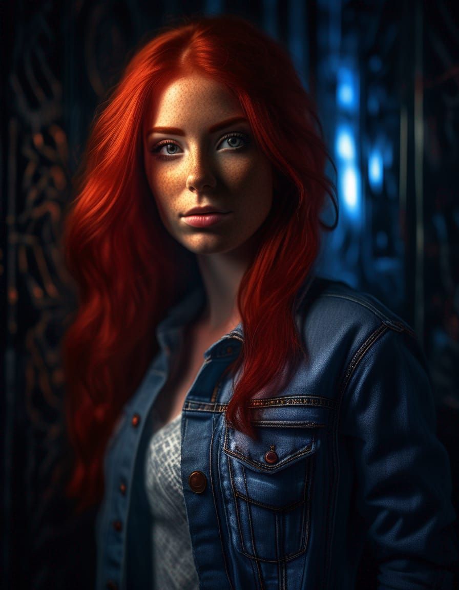 Hyper-Realistic Redhead in Denim, Dynamic Lighting