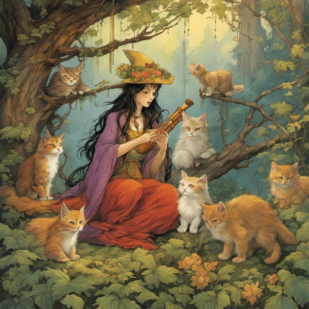 Enchanting Forest Witch and Kittens Art