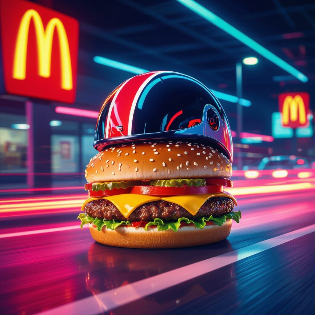 Burger at McDonald's Drive-Thru in Futuristic Cartoon Style