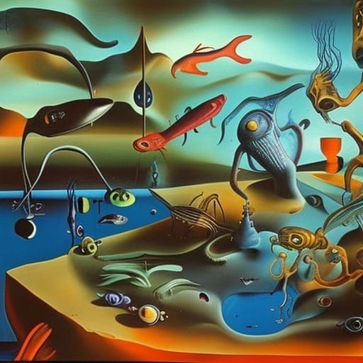 Surreal Alien Aquarium: A Dali-esque Oil Painting