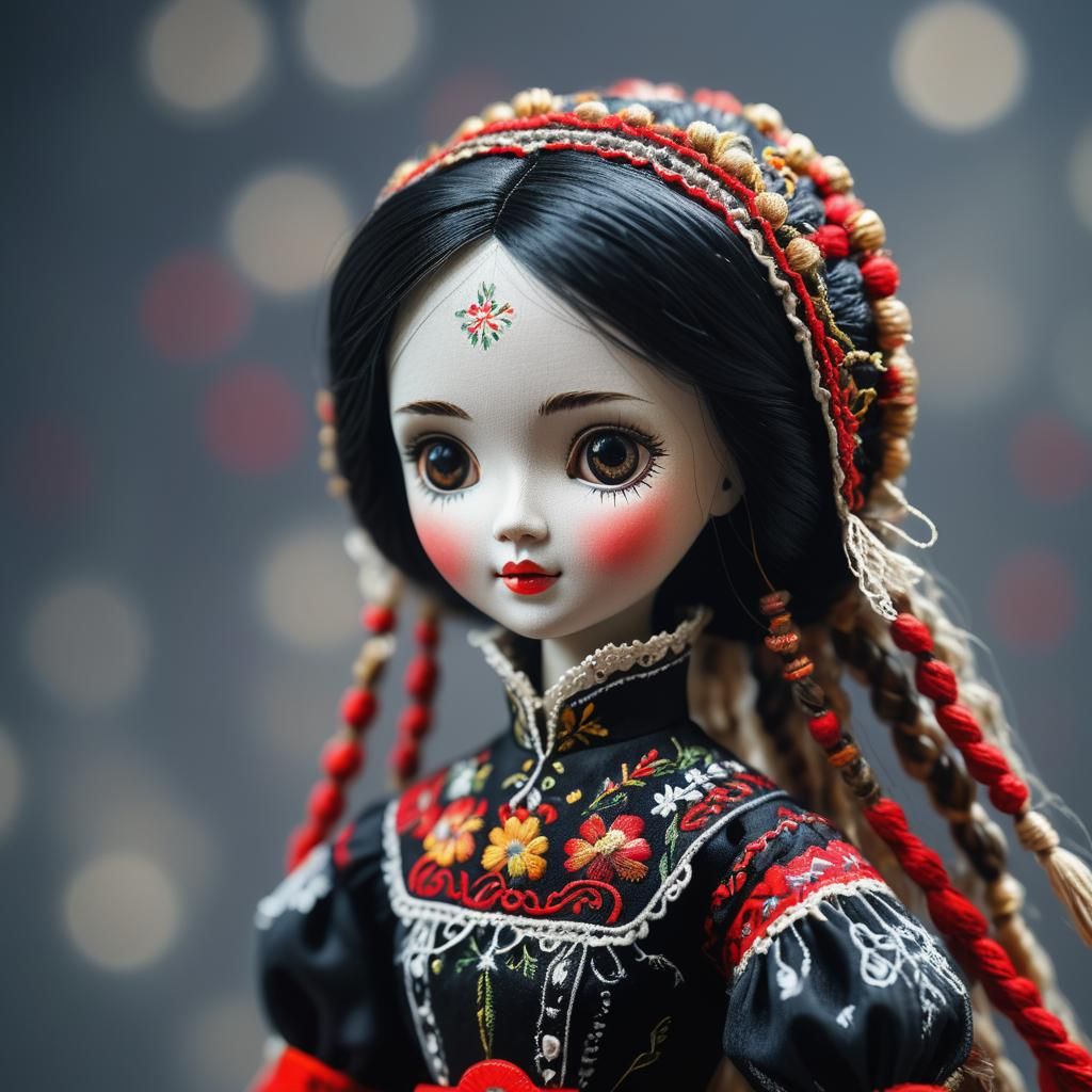 Folk Doll Portrait with Intricate Embroidery as Digital Art